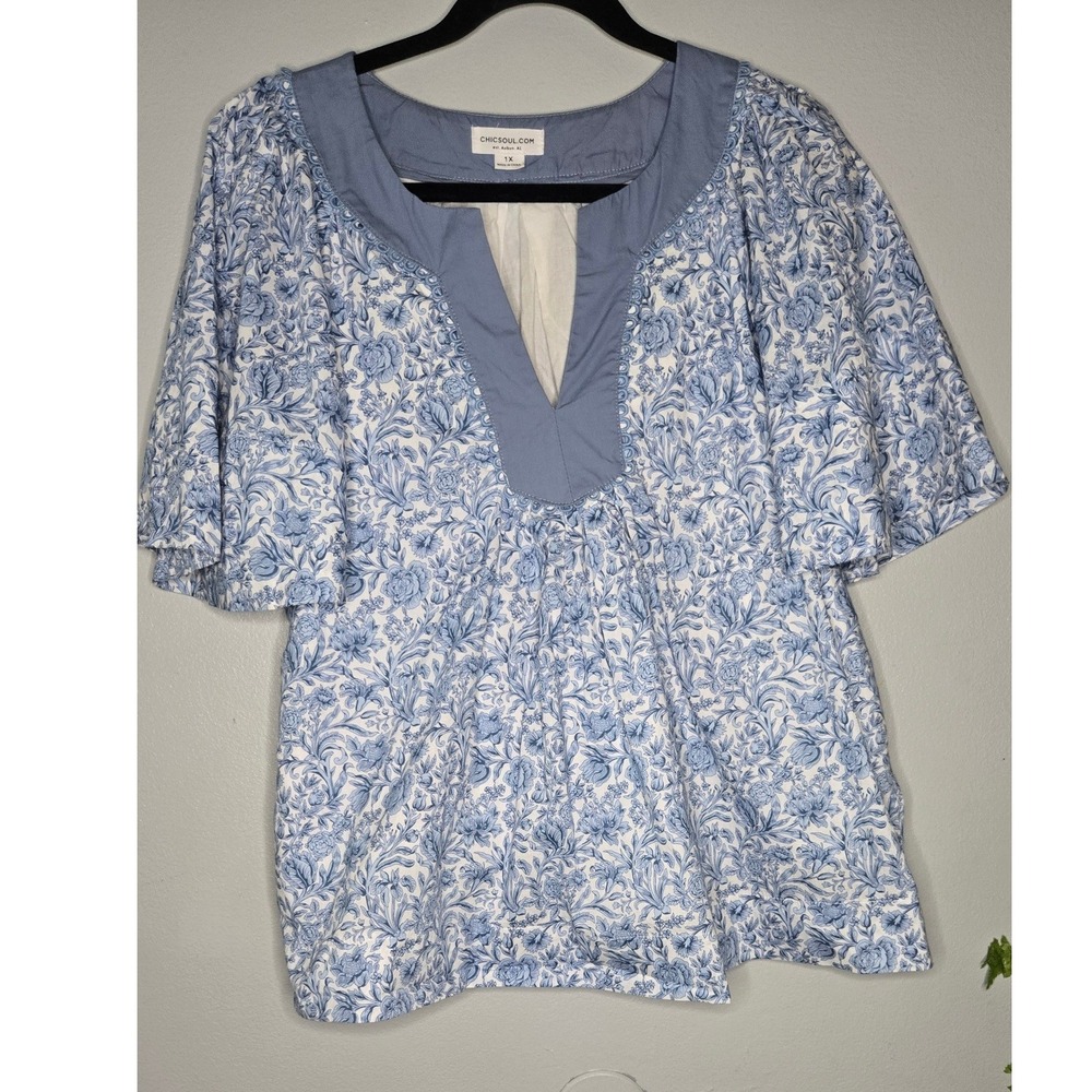 ChicSoul 1X Blue White Floral Cotton Peplum Blouse Plus Size Cottagecore Boho - Picture 3 of 10